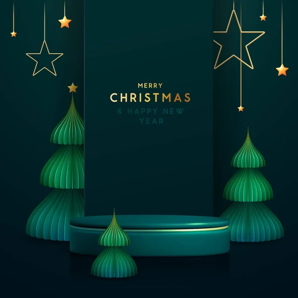 ホリデークリスマスショーケースエメラルドグリーンの背景 3D表彰台とクリスマスツリー 最小限のシーン ベクトルイラスト — ストックベクタ