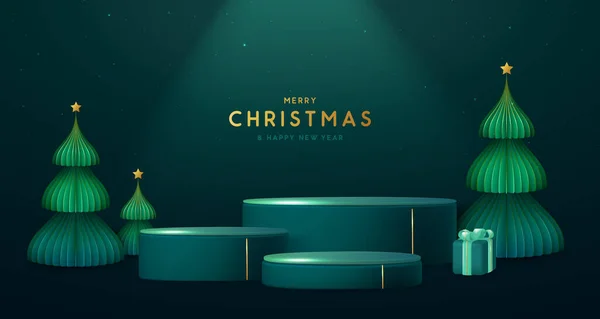 Feriado Vitrine Natal Verde Esmeralda Fundo Com Pódio Árvore Natal — Vetor de Stock