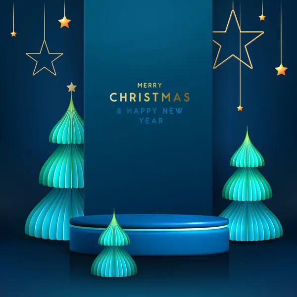 ホリデークリスマスショーケースブルーの背景と3D表彰台とクリスマスツリー 最小限のシーン ベクトルイラスト — ストックベクタ