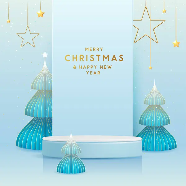 Noel Gösterisi Boyutlu Podyum Noel Ağacı Olan Mavi Arka Plan — Stok Vektör