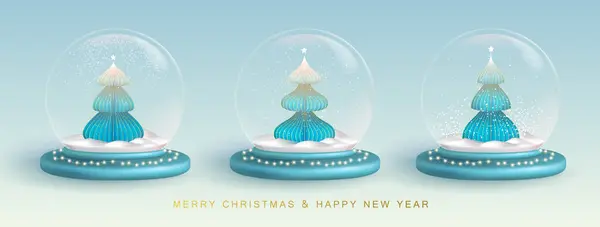 Set Christmas Snow Globes Christmas Tree Merry Christmas Happy New — Stock Vector