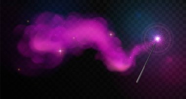 Siyah şeffaf arka planda izole edilmiş mor parlak izi olan sihirli değnek. Vektör illüstrasyonu