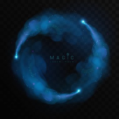 Sihirli mavi parlak iz. Gerçekçi mavi duman dalgaları ya da siyah arka planda izole bulutlar. Vektör illüstrasyonu