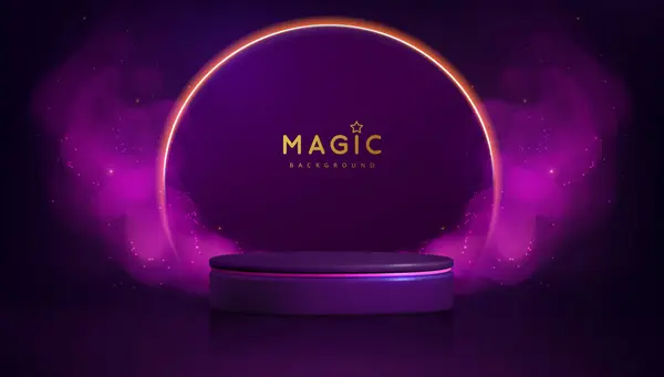 Magic Violet Vitrine Achtergrond Met Podium Purpure Mist Stoom Glanzend — Stockvector
