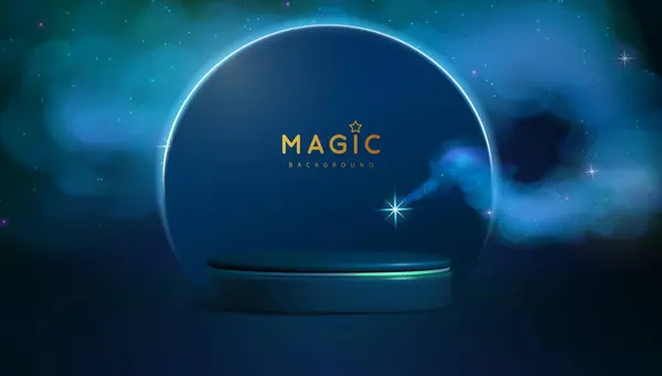 Magic Blue Showcase Background Podium Blue Fog Steam Glowing Shiny — Stock Vector