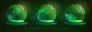 İçinde yeşil duman veya buhar akan sihirli kristal küre seti. Vektör illüstrasyonu