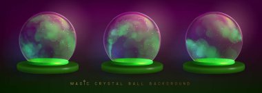 İçinde yeşil duman veya buhar akan sihirli kristal küre seti. Vektör illüstrasyonu