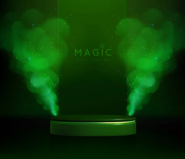 Magic Green Showcase Background Podium Green Fog Steam Glowing Shiny — Stock Vector