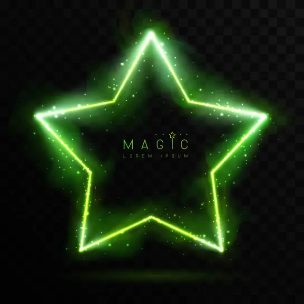 Magická Zelená Zářící Neonová Hvězda Tvar Izolovaný Černém Průhledném Pozadí — Stockový vektor