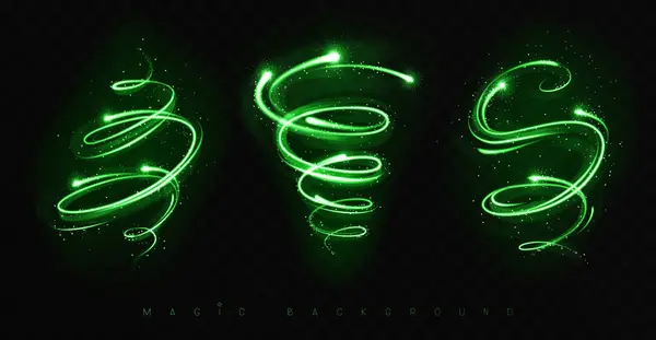 黒い透明な背景に隔離されたマジックグリーンの輝く光沢のあるトレイルのセット ベクトルイラスト — ストックベクタ