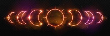 Modern büyü büyüleri neonları ay evreleriyle şarkı söyler. Pagan ay sembolü. Vektör illüstrasyonu