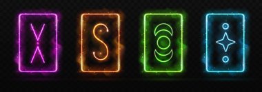 Siyah şeffaf arkaplanda izole edilmiş sihirli sembolleri olan renkli renkli renkli kartlar ya da neon çerçeveler. Vektör illüstrasyonu