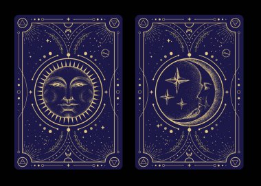 Astroloji güneşi ve insan yüzlü ay işareti olan bir dizi modern büyü büyüsü kartı. Gündüz ve gece. Gerçekçi el çizimi vektör illüstrasyonu