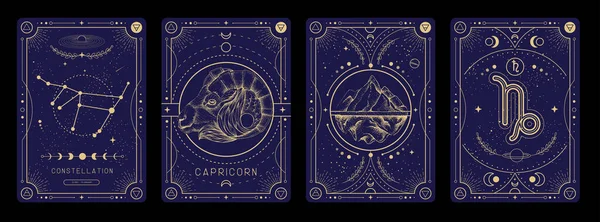 Set Modern Magic Witchcraft Cards Astrology Capricorn Zodiac Sign Characteristic — Stock Vector