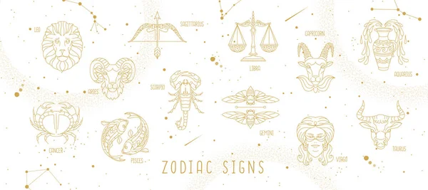 Modern Magi Trolldom Astrologi Bakgrund Med Zodiak Konstellationer Himlen Vektorillustration — Stock vektor