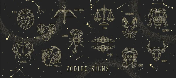 Moderne Magische Hekserij Astrologie Achtergrond Met Sterrenbeelden Aan Nachtelijke Hemel — Stockvector