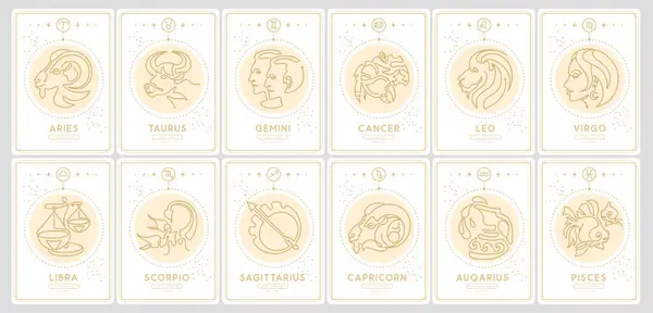 Set Modern Sihir Kartu Dengan Astrologi Zodiak Tanda Karakteristik Zodiak - Stok Vektor