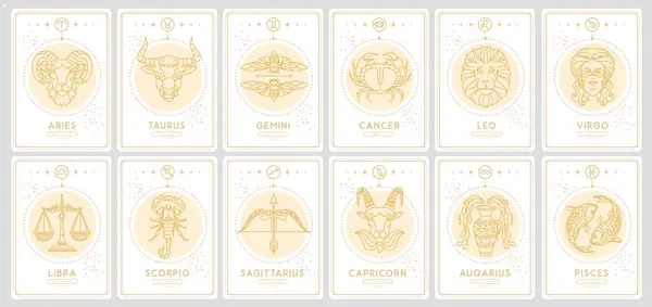 一套带有占星术黄道带符号的现代魔法魔法卡片 黄道带的特征 矢量说明 — 图库矢量图片