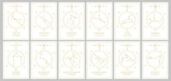 Sada Moderních Kouzelnických Karet Astrologií Zvěrokruhu Obloze Zvěrokruh Ikony Zvěrokruhu — Stockový vektor