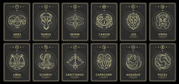 Набор Современных Магических Карт Колдовства Знаками Зодиака Астрологии Ночном Небе — стоковый вектор