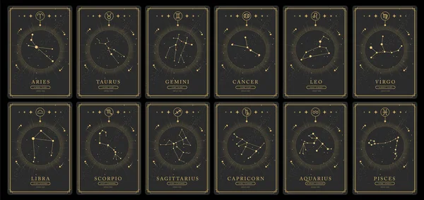 夜空に占星術星座を持つ現代魔法の魔女カードのセット ゾディアックの特徴 ゾディアックアイコン ベクトルイラスト — ストックベクタ