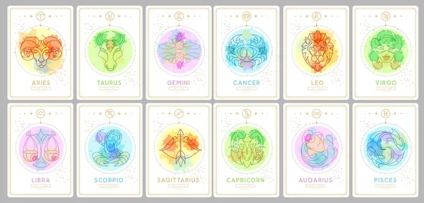 Uppsättning Moderna Magiska Häxkonster Kort Med Astrologi Zodiak Tecken Akvarell — Stock vektor