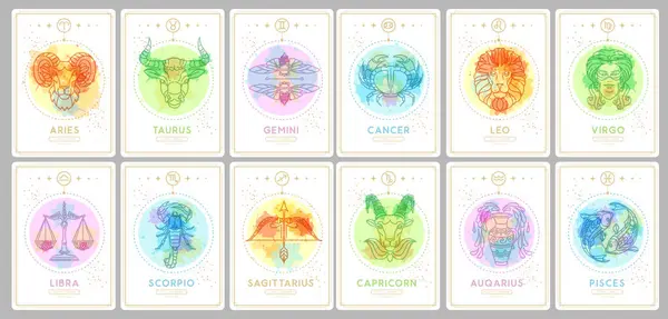 水彩画の背景に占星術の黄道帯の印が付いている現代魔法の魔術のカードのセット ゾディアックの特徴 ベクトルイラスト — ストックベクタ