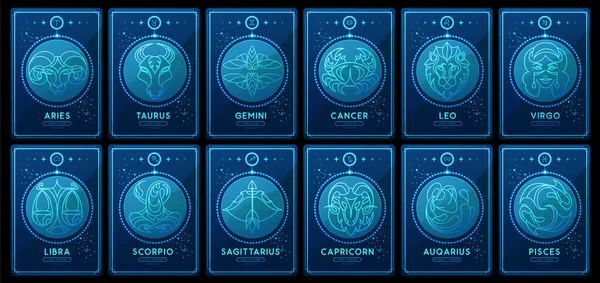 夜空に占星術の星座を備えたネオンモダンな魔法の魔法のカードのセット ゾディアックの特徴 ゾディアックアイコン ベクトルイラスト — ストックベクタ