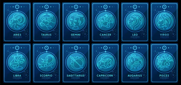 Joukko Neon Moderni Taika Noituus Kortteja Astrologia Horoskooppi Yötaivaalla Zodiac — vektorikuva