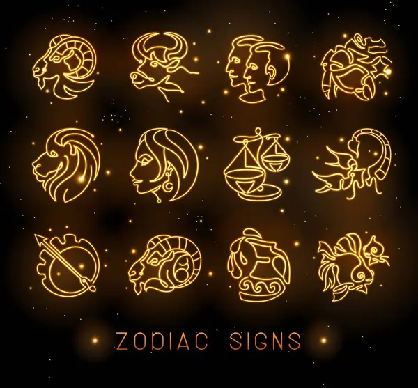 Conjunto Signos Zodíaco Astrologia Neon Fundo Espaço Sideral Conjunto Ícones — Vetor de Stock
