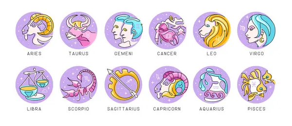 Set Moderner Cartoon Astrologie Tierkreiszeichen Isoliert Auf Weißem Hintergrund Tierkreiszeichen — Stockvektor