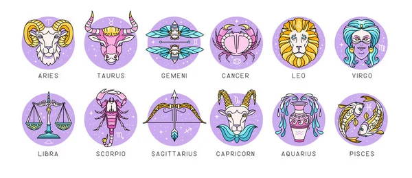 Set Moderner Cartoon Astrologie Tierkreiszeichen Isoliert Auf Weißem Hintergrund Tierkreiszeichen — Stockvektor