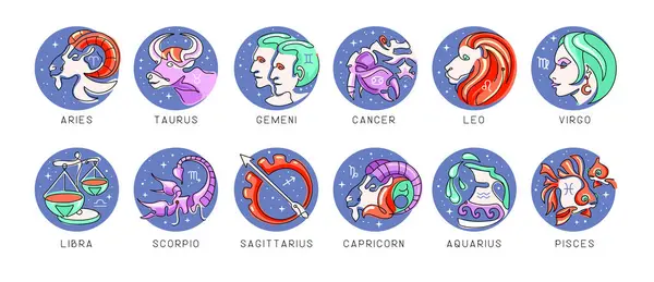 Set Van Moderne Cartoon Astrologie Dierenriemtekens Geïsoleerd Witte Achtergrond Een — Stockvector