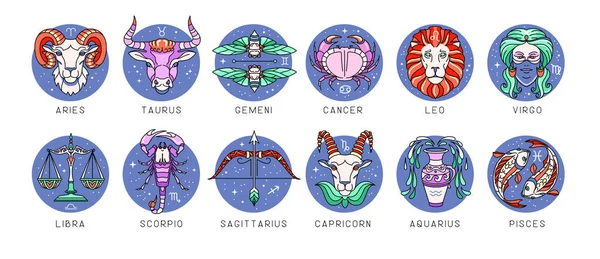 Joukko Moderni Sarjakuva Astrologia Horoskooppi Eristetty Valkoisella Taustalla Zodiac Kuvakkeet — vektorikuva