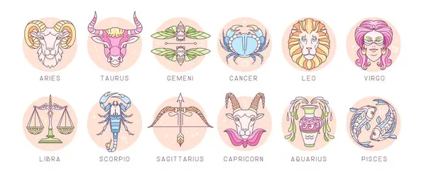 Set Van Moderne Cartoon Astrologie Dierenriemtekens Geïsoleerd Witte Achtergrond Een — Stockvector