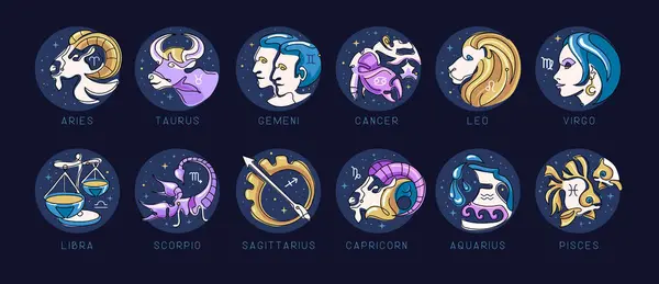 Set Modern Cartoon Astrology Zodiac Signs Isolated Blue Background Set — Stock Vector