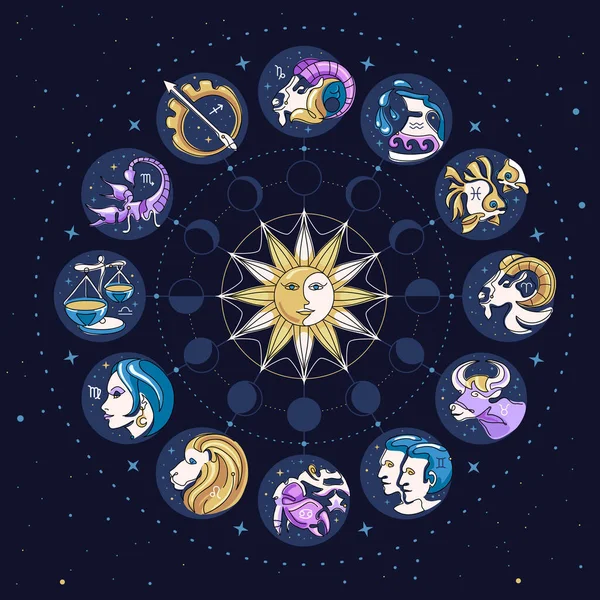 Astrologisch Wiel Met Cartoon Dierenriemtekens Achtergrond Van Ruimte Sterrenkaart Horoscoop — Stockvector