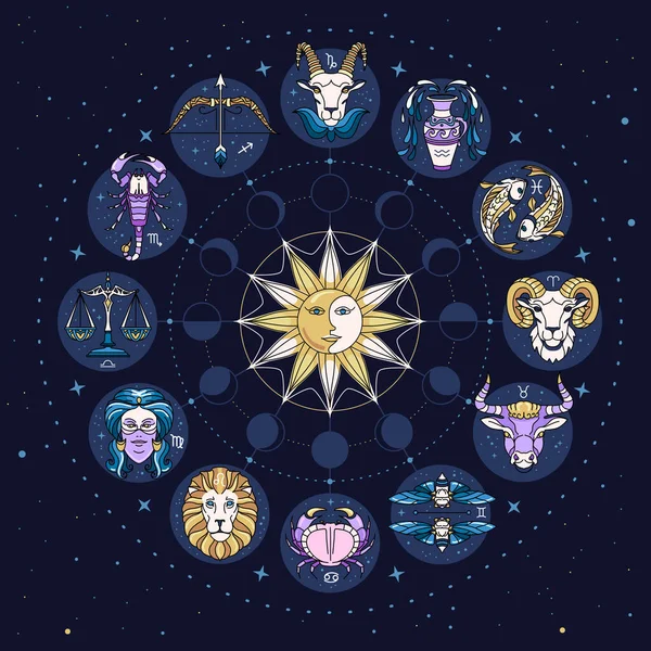Astrologisch Wiel Met Cartoon Dierenriemtekens Achtergrond Van Ruimte Sterrenkaart Horoscoop — Stockvector