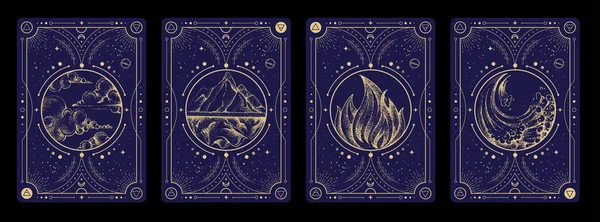 Zestaw Nowoczesnych Magicznych Kart Układem Słonecznym Czterema Elementami Ręczne Rysowanie — Wektor stockowy