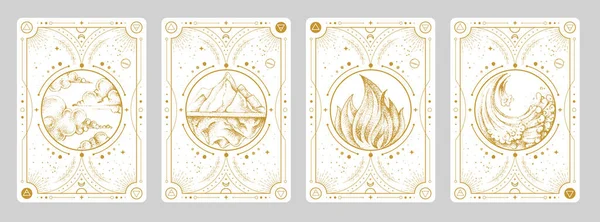Set Moderne Carte Magiche Stregoneria Con Sistema Solare Quattro Elementi — Vettoriale Stock