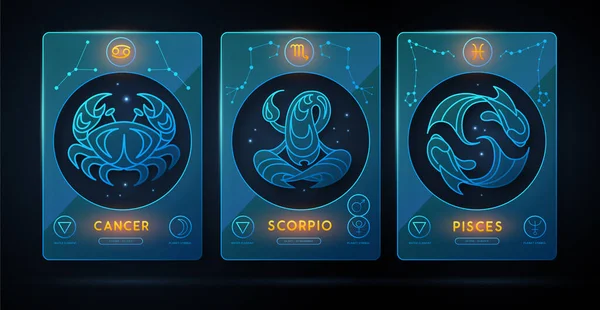 ネオンモダンな魔法の魔法のカードのセット 占星術の水星座の兆候 ゾディアックの特徴 スコルピオ ゾディアックのアイコン ベクトルイラスト — ストックベクタ
