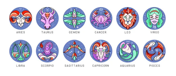 Set Modern Cartoon Astrology Zodiac Signs Isolated White Background Set — Stock Vector