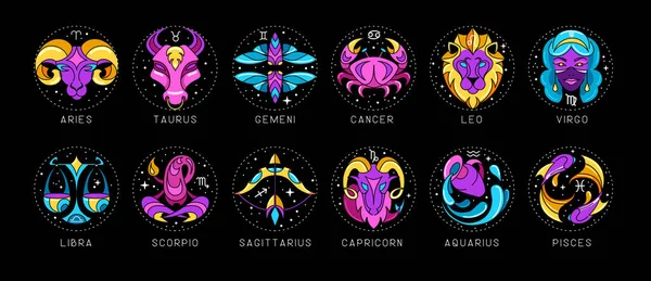 Set Modern Cartoon Astrology Zodiac Signs Isolated Black Background Set — Stock Vector