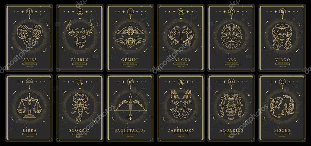 Set of Modern magic witchcraft cards with astrology zodiac signs in the night sky. Zodiac characteristic. Zodiac icons. Vector illustration