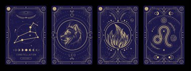 Astroloji Leo Zodiac imzalı bir dizi modern büyü büyücülük kartı. Vektör illüstrasyonu