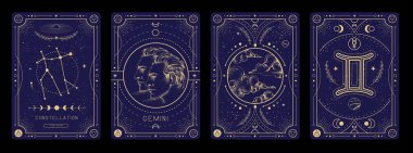 İçinde astroloji, Gemini burcunun karakteristik işareti olan bir dizi modern büyü büyüsü kartı. Vektör illüstrasyonu