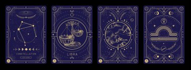 Astroloji Terazi burcunun karakteristik işaretli bir dizi modern büyü büyücülük kartı. Vektör illüstrasyonu