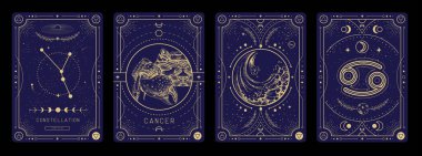 İçinde astroloji, kanser burcuna özgü işaretler olan bir dizi modern büyü kartı. Vektör illüstrasyonu