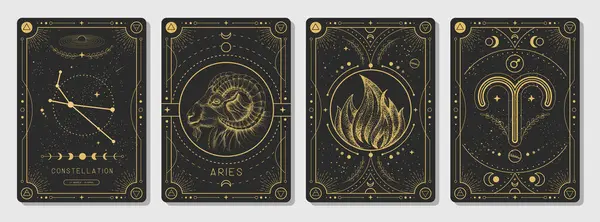 Zestaw Nowoczesnych Magicznych Kart Czarnoksięskich Astrologią Baran Znak Zodiaku Charakterystyczny — Wektor stockowy