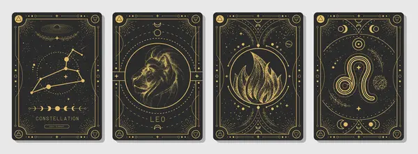 Zestaw Nowoczesnych Magicznych Kart Czarnoksięskich Astrologią Znak Zodiaku Leo Charakterystyczny — Wektor stockowy